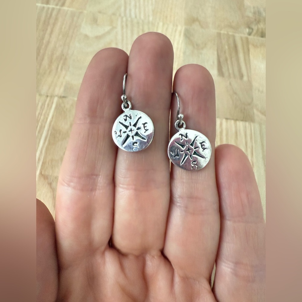 925 Sterling silver dainty dangle compass rose earrings on hooks